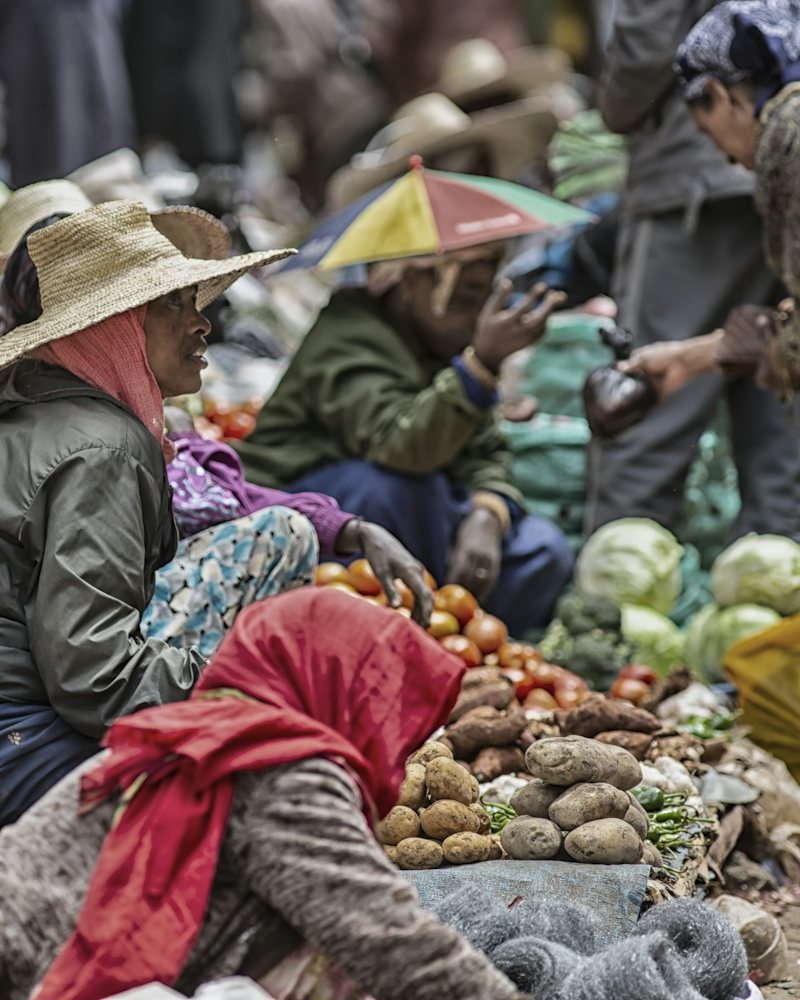 Vendeuses sur un marché d'Afrique de l'Ouest, étals de tomates, pommes de terre et légumes.